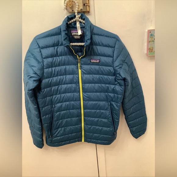 Patagonia Men's Down Puffer Jacket Teal Blue With Lime Yellow Zipper Size XS - Picture 3 of 12
